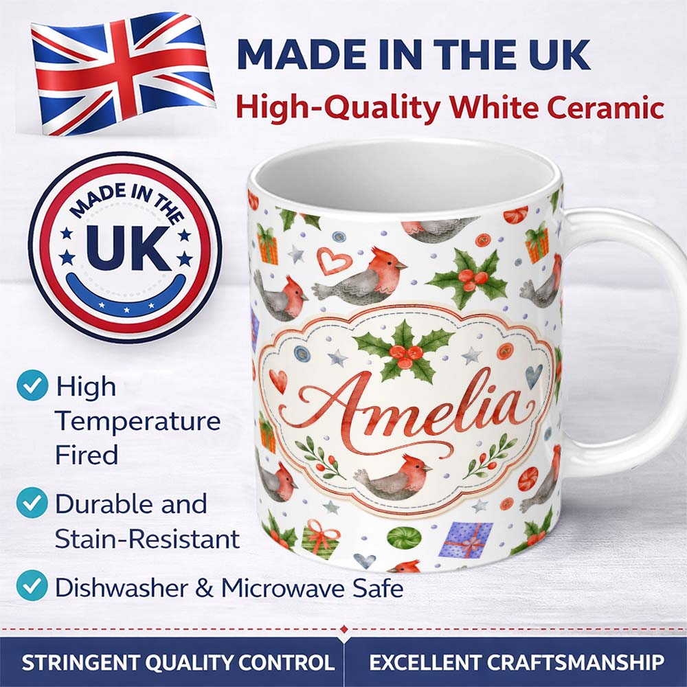 Personalized Custom Name Cute Cardinal Bird Holly Gift Heart Festive Seamless Pattern Lovely 11oz Ceramic Coffee Tea Mug White Large Handle