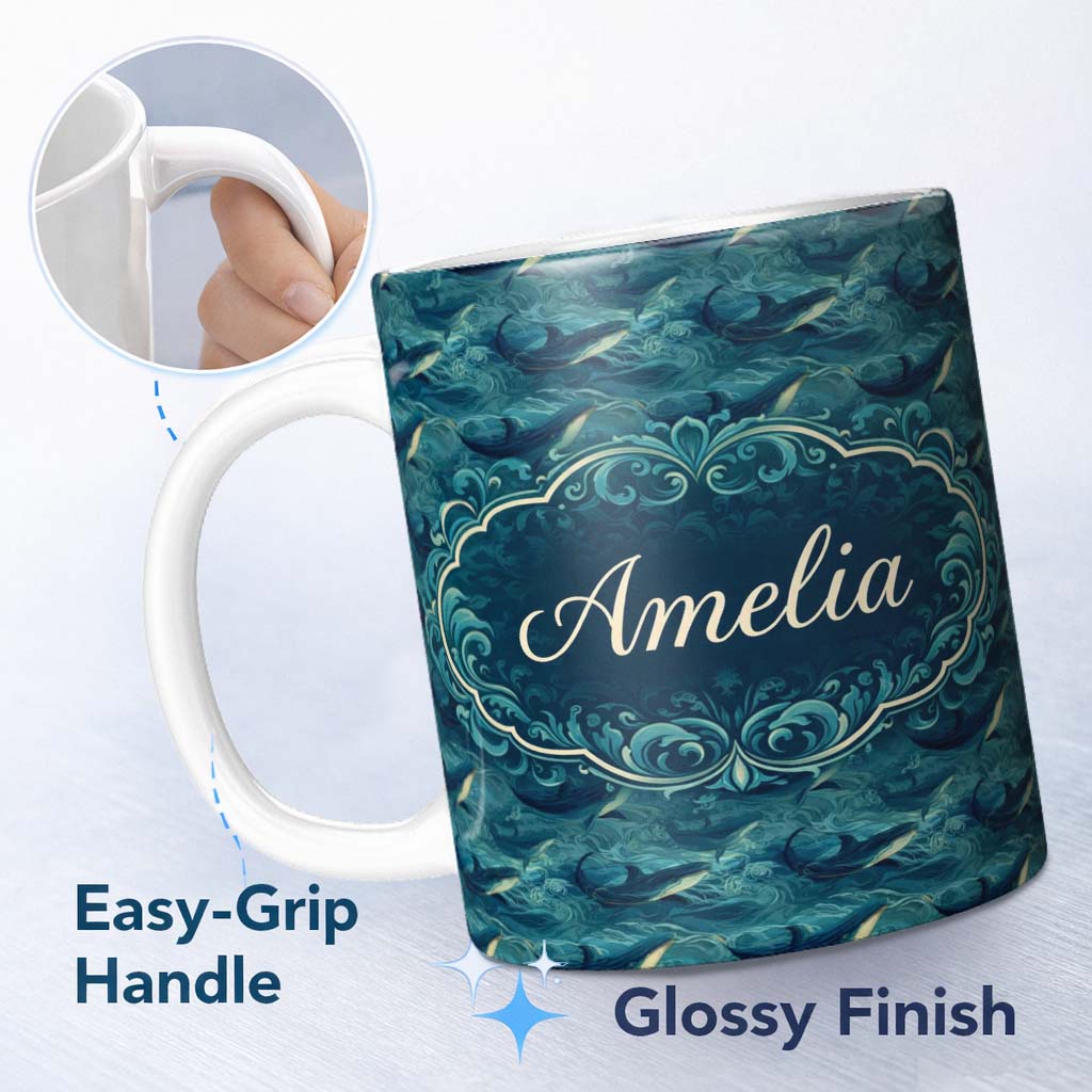 Personalized Custom Name Dark Blue Whale Wave Seamless Pattern Underwater Ocean Design Lovely 11oz Ceramic Coffee Tea Mug White Large Handle