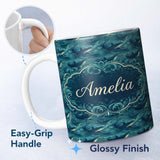 Personalized Custom Name Dark Blue Whale Wave Seamless Pattern Underwater Ocean Design Lovely 11oz Ceramic Coffee Tea Mug White Large Handle
