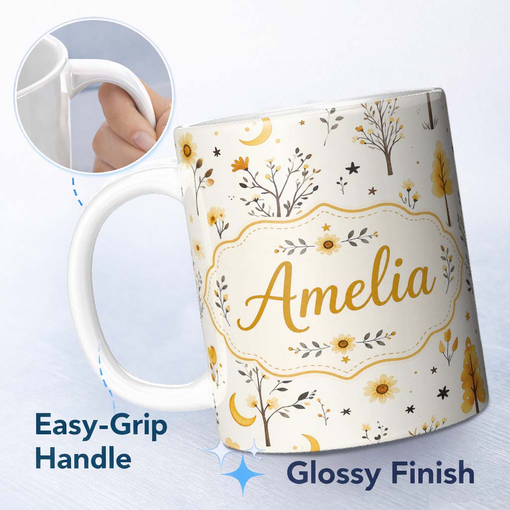 Personalized Custom Name Minimal Autumn Trees and Delicate Floral Elements Seamless Pattern 11oz Ceramic Coffee Tea Mug White Large Handle
