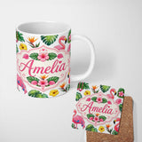 Personalized Custom Name Tropical Flamingo with Hibiscus Flowers and Leaves Light Grey Lovely 11oz Ceramic Coffee Tea Mug White Large Handle
