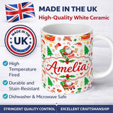 Personalized Custom Name Cute Santa Sleigh Reindeer Socks Gifts Seamless Pattern Lovely 11oz Ceramic Coffee Tea Mug White Large Handle