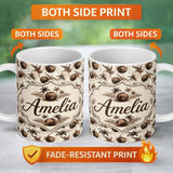 Personalized Custom Name Vintage Coconut and Palm Tree Monochrome Sepia Island Repeat Pattern 11oz Ceramic Coffee Tea Mug White Large Handle