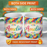Personalized Custom Name Horizontal Rainbow Ripple Wave Lines Seamless Pattern Lovely 11oz Ceramic Coffee Tea Mug White Large Handle