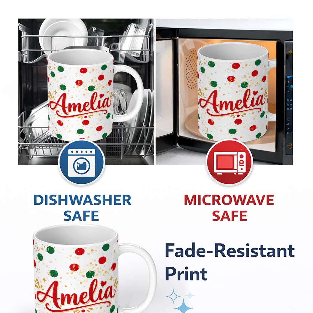Personalized Custom Name Red Green Polka Dot Gold Splash Seamless Pattern Cute Unique Gift 11oz Ceramic Coffee Tea Mug White Large Handle