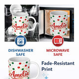 Personalized Custom Name Red Green Polka Dot Gold Splash Seamless Pattern Cute Unique Gift 11oz Ceramic Coffee Tea Mug White Large Handle