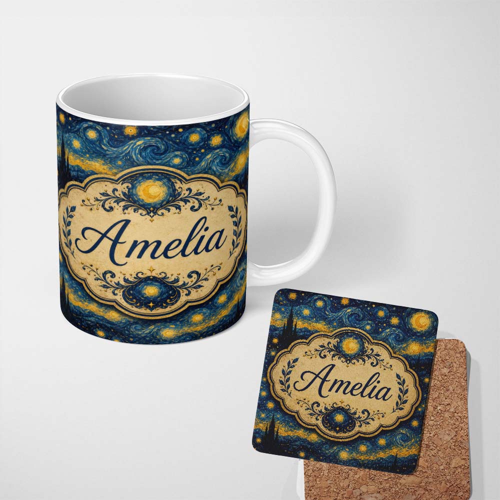 Personalized Custom Name Starry Night Landscape Seamless Pattern Artistic Blue Sky Texture 11oz Ceramic Coffee Tea Mug White Large Handle