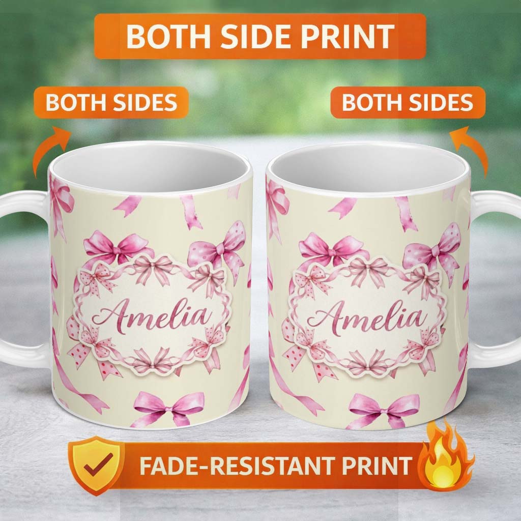 Personalized Custom Name Watercolor Pink Ribbon Bows Lavender Background Seamless Pattern 11oz Ceramic Coffee Tea Mug White Large Handle