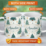 Personalized Custom Name Snowy Christmas Pine Trees with Golden Stars Winter Seamless Pattern 11oz Ceramic Coffee Tea Mug White Large Handle
