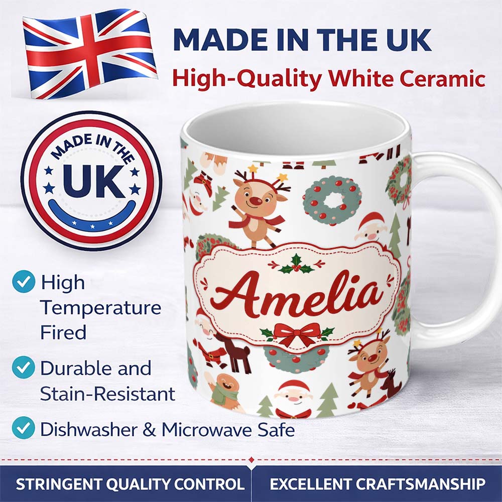 Personalized Custom Name Cute Reindeer Santa Wreath Gingerbread Christmas Seamless Pattern 11oz Ceramic Coffee Tea Mug White Large Handle