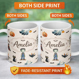 Personalized Custom Name Halloween Zombie Mummy Vampire and Bat Characters Beige Background 11oz Ceramic Coffee Tea Mug White Large Handle