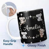 Personalized Custom Name Cute Baby Koala Bears with Stars on Black Background Seamless Lovely 11oz Ceramic Coffee Tea Mug White Large Handle