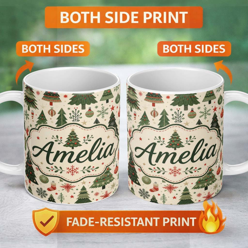 Personalized Custom Name Classic Christmas Trees Ornaments Gifts Snowflakes Festive Seamless 11oz Ceramic Coffee Tea Mug White Large Handle