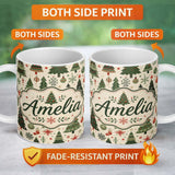 Personalized Custom Name Classic Christmas Trees Ornaments Gifts Snowflakes Festive Seamless 11oz Ceramic Coffee Tea Mug White Large Handle