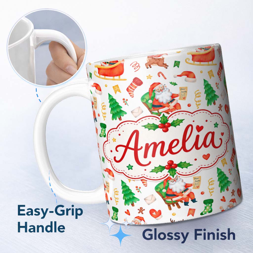Personalized Custom Name Cute Santa Sleigh Reindeer Socks Gifts Seamless Pattern Lovely 11oz Ceramic Coffee Tea Mug White Large Handle