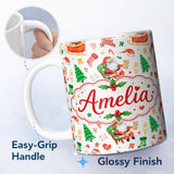 Personalized Custom Name Cute Santa Sleigh Reindeer Socks Gifts Seamless Pattern Lovely 11oz Ceramic Coffee Tea Mug White Large Handle