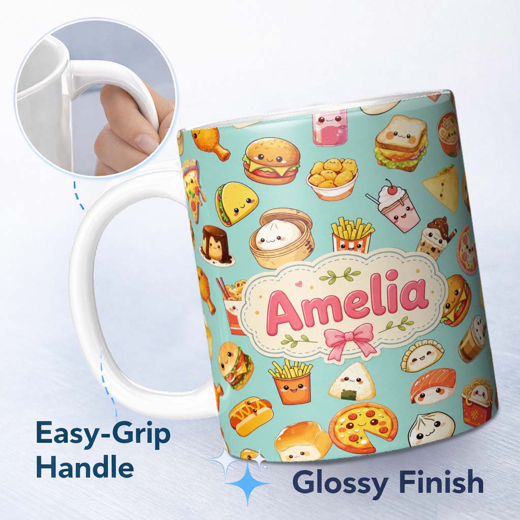 Personalized Custom Name Kawaii Fast Food Burger Sushi Taco Pizza Teal Seamless Pattern Name 11oz Ceramic Coffee Tea Mug White Large Handle