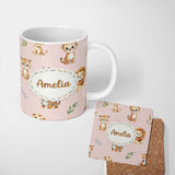 Personalized Custom Name Cute Baby Jungle Animals with Leaves on Blush Pink Background Lovely 11oz Ceramic Coffee Tea Mug White Large Handle