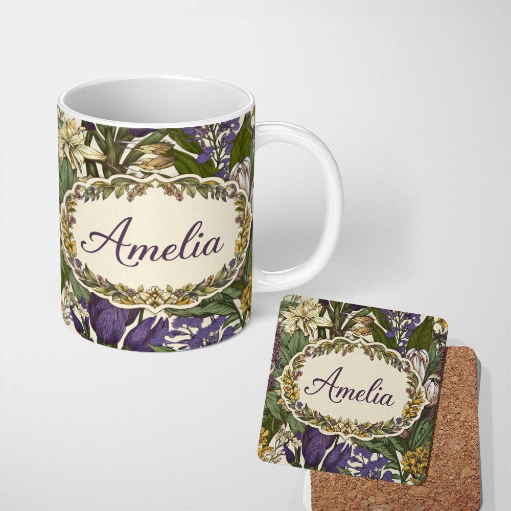 Personalized Custom Name Botanical Floral Garden Illustration Vintage Style Seamless Pattern 11oz Ceramic Coffee Tea Mug White Large Handle