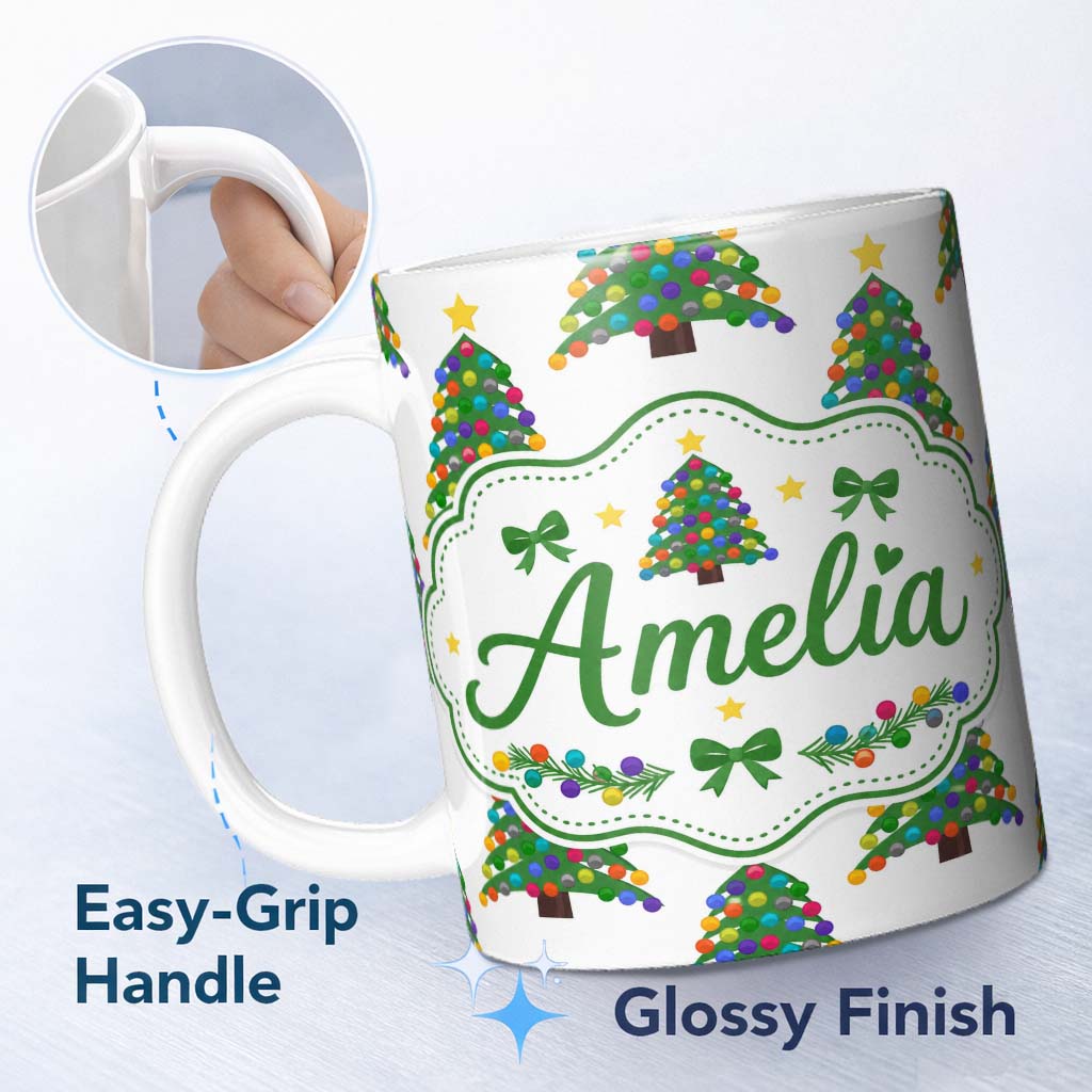 Personalized Custom Name Colorful Christmas Tree with Bright Baubles and Star Top Seamless 11oz Ceramic Coffee Tea Mug White Large Handle