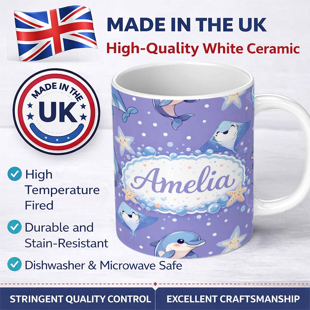Personalized Custom Name Cute Dolphin Stingray Starfish Ocean Sea Life Blue Purple Background 11oz Ceramic Coffee Tea Mug White Large Handle