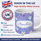 Personalized Custom Name Cute Dolphin Stingray Starfish Ocean Sea Life Blue Purple Background 11oz Ceramic Coffee Tea Mug White Large Handle