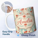 Personalized Custom Name Red Jellyfish Illustration on Distressed BlueBackground Ocean Lovely 11oz Ceramic Coffee Tea Mug White Large Handle