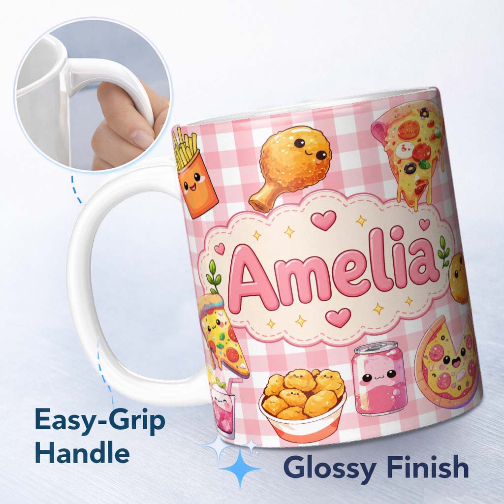 Personalized Custom Name Cute Kawaii Fast Food Pizza Chicken Soda Red Gingham Background 11oz Ceramic Coffee Tea Mug White Large Handle