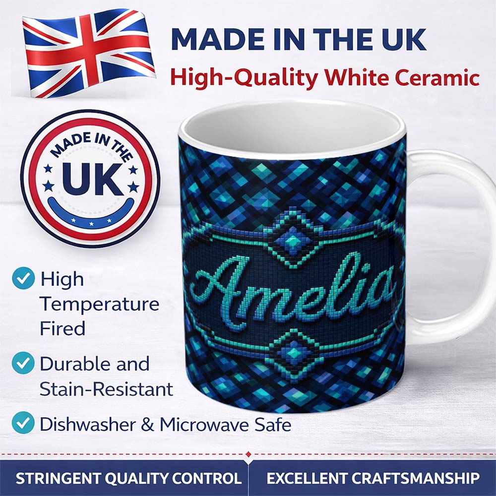 Personalized Custom Name Blue Teal Diamond Pixel Abstract Seamless Pattern Cute Unique Gift 11oz Ceramic Coffee Tea Mug White Large Handle