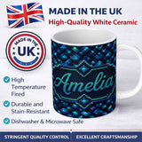 Personalized Custom Name Blue Teal Diamond Pixel Abstract Seamless Pattern Cute Unique Gift 11oz Ceramic Coffee Tea Mug White Large Handle