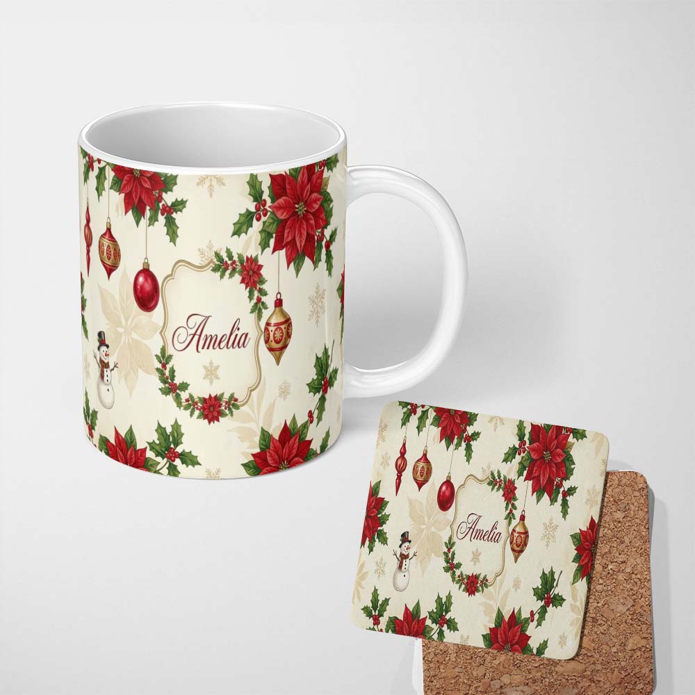 Personalized Custom Name Vintage Christmas Floral Holly Ornament Festive Seamless Pattern 11oz Ceramic Coffee Tea Mug White Large Handle