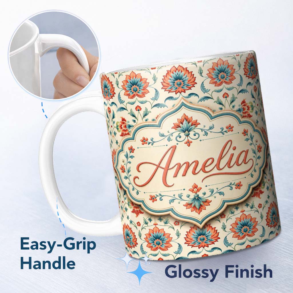 Personalized Custom Name Elegant Folk Floral Pattern Red Teal and Cream Seamless Pattern 11oz Ceramic Coffee Tea Mug White Large Handle