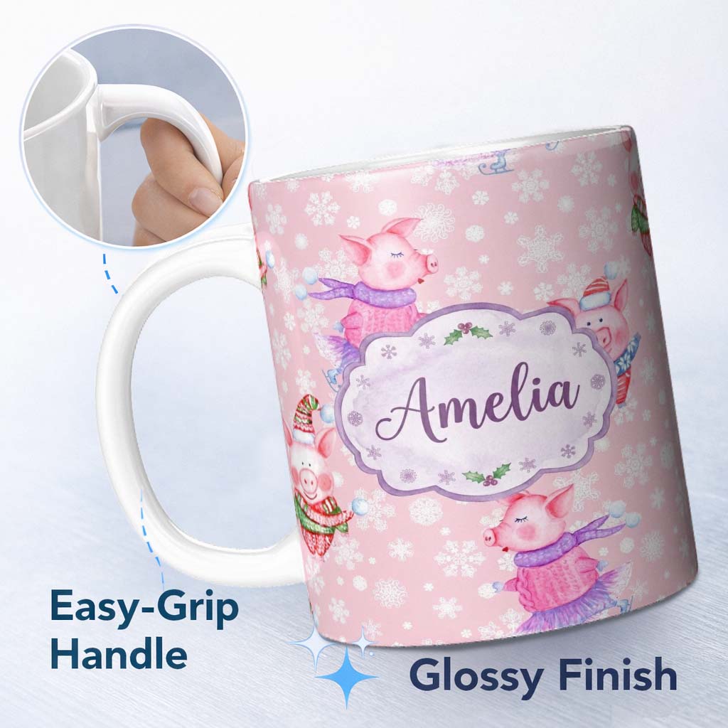Personalized Custom Name Cute Winter Pig Ice Skating Snowflake Seamless Pattern Lovely 11oz Ceramic Coffee Tea Mug White Large Handle