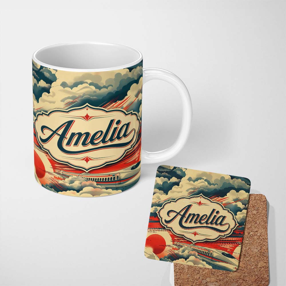 Personalized Custom Name Stylized Fast Train Through Dramatic Sky with Clouds Scenic Travel 11oz Ceramic Coffee Tea Mug White Large Handle