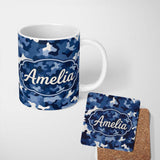 Personalized Custom Name Navy Blue Camouflage Layered Seamless Pattern Thoughtful Gift Idea 11oz Ceramic Coffee Tea Mug White Large Handle