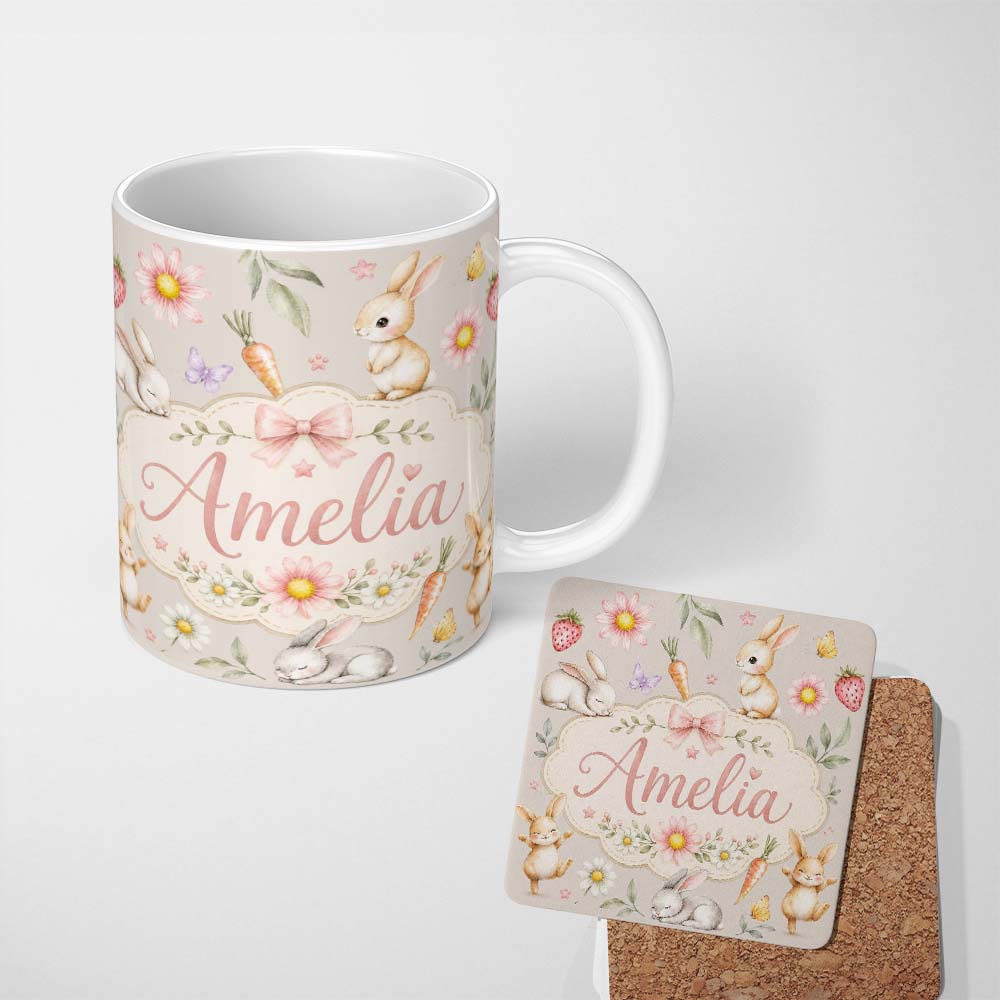Personalized Custom Name Bunny Rabbits with Flowers Carrots and Butterflies Warm Beige Lovely 11oz Ceramic Coffee Tea Mug White Large Handle