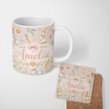 Personalized Custom Name Bunny Rabbits with Flowers Carrots and Butterflies Warm Beige Lovely 11oz Ceramic Coffee Tea Mug White Large Handle