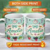 Personalized Custom Name Cute Kawaii Garden Tools Plants Bees Seamless Pattern Mint Floral 11oz Ceramic Coffee Tea Mug White Large Handle