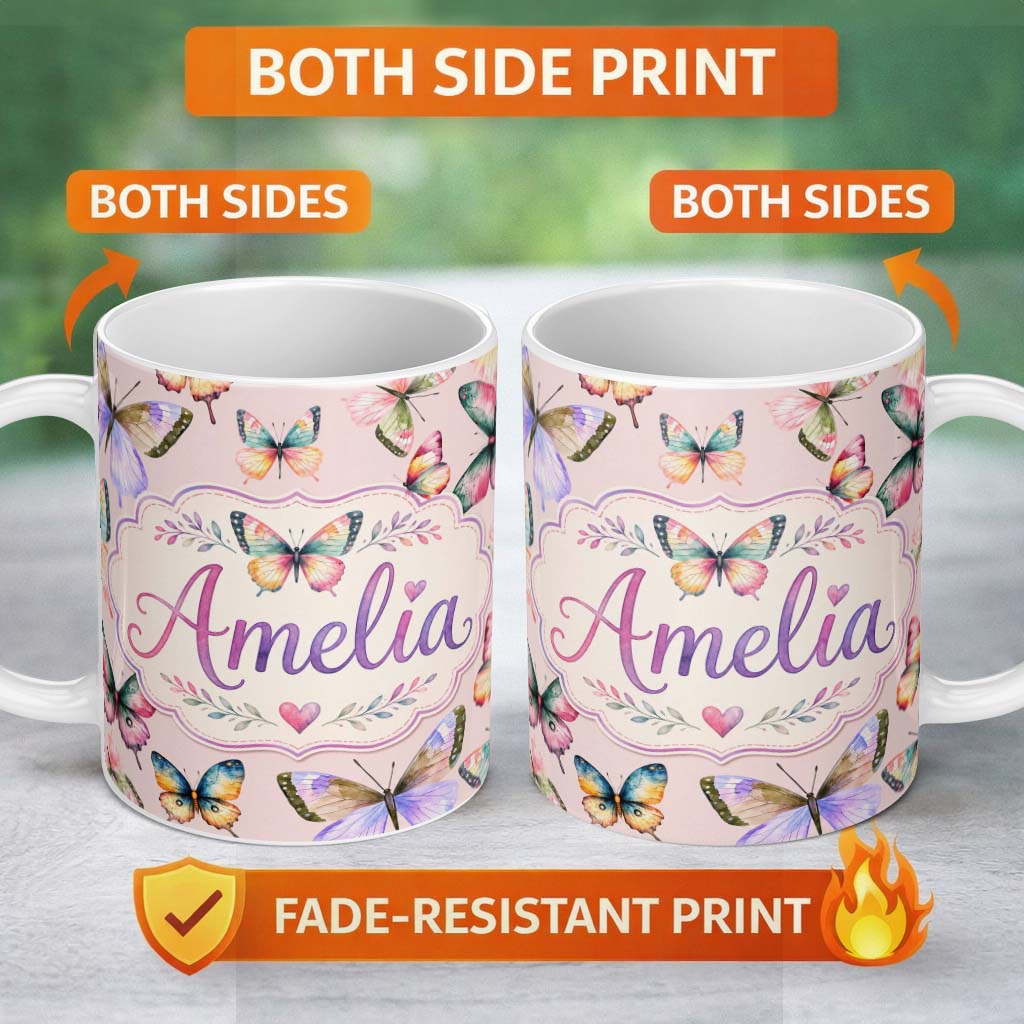Personalized Custom Name Colorful Watercolor Butterflies on Blush Pink Background Seamless 11oz Ceramic Coffee Tea Mug White Large Handle