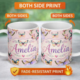 Personalized Custom Name Colorful Watercolor Butterflies on Blush Pink Background Seamless 11oz Ceramic Coffee Tea Mug White Large Handle
