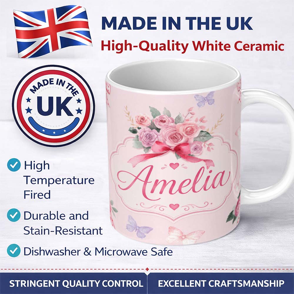 Personalized Custom Name Watercolor Rose Bouquet with Red Ribbon and Butterflies Soft Blush 11oz Ceramic Coffee Tea Mug White Large Handle
