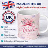 Personalized Custom Name Watercolor Rose Bouquet with Red Ribbon and Butterflies Soft Blush 11oz Ceramic Coffee Tea Mug White Large Handle