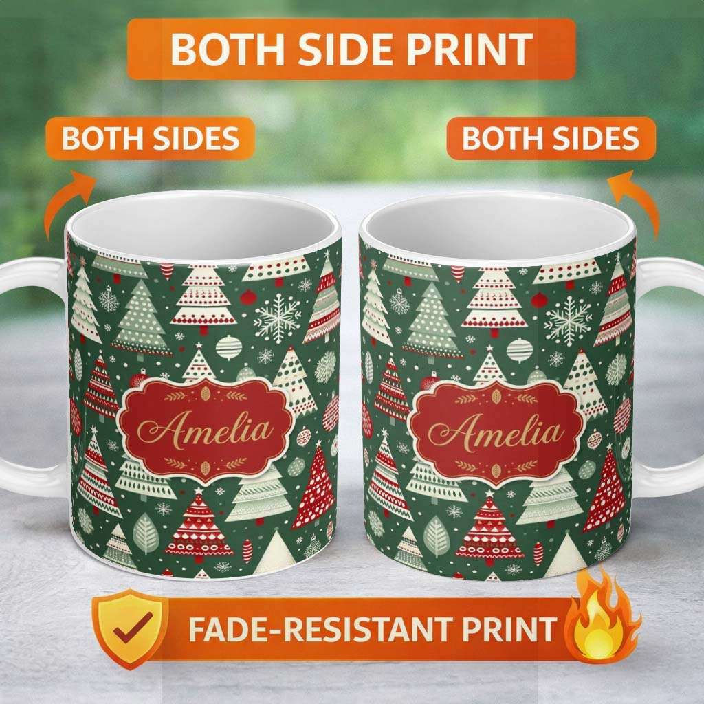 Personalized Custom Name Nordic Holiday Trees with Ornaments Snowflakes and Red Green Decor 11oz Ceramic Coffee Tea Mug White Large Handle