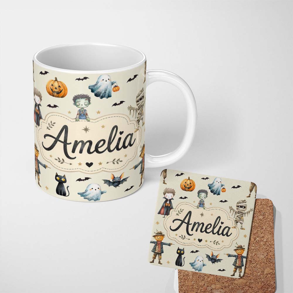 Personalized Custom Name Halloween Zombie Mummy Vampire Bat Spooky Cream Seamless Pattern 11oz Ceramic Coffee Tea Mug White Large Handle