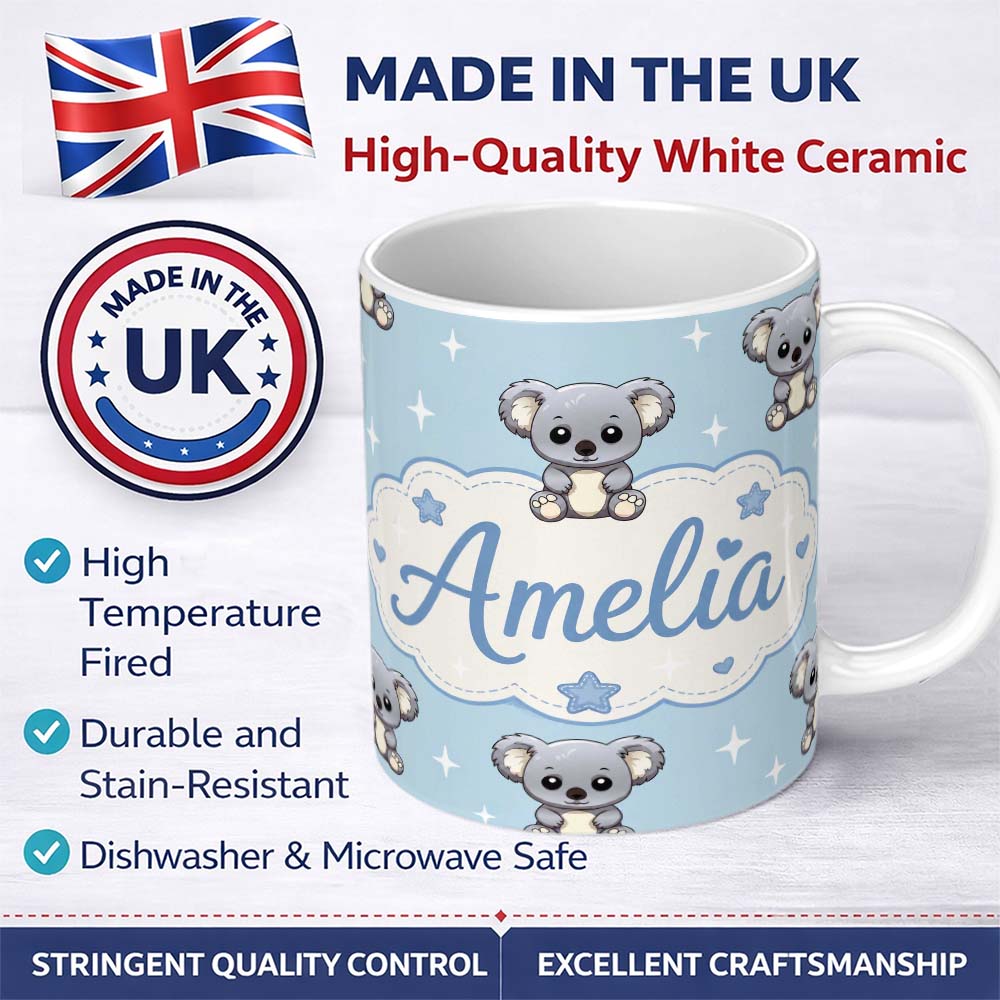 Personalized Custom Name Cute Koala Bears with Stars Blue Background Seamless Pattern Lovely 11oz Ceramic Coffee Tea Mug White Large Handle