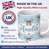 Personalized Custom Name Cute Koala Bears with Stars Blue Background Seamless Pattern Lovely 11oz Ceramic Coffee Tea Mug White Large Handle