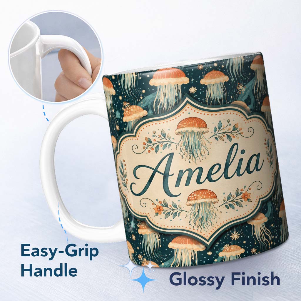 Personalized Custom Name Jellyfish with Flowing Tentacles on Dark Blue Background Lovely 11oz Ceramic Coffee Tea Mug White Large Handle