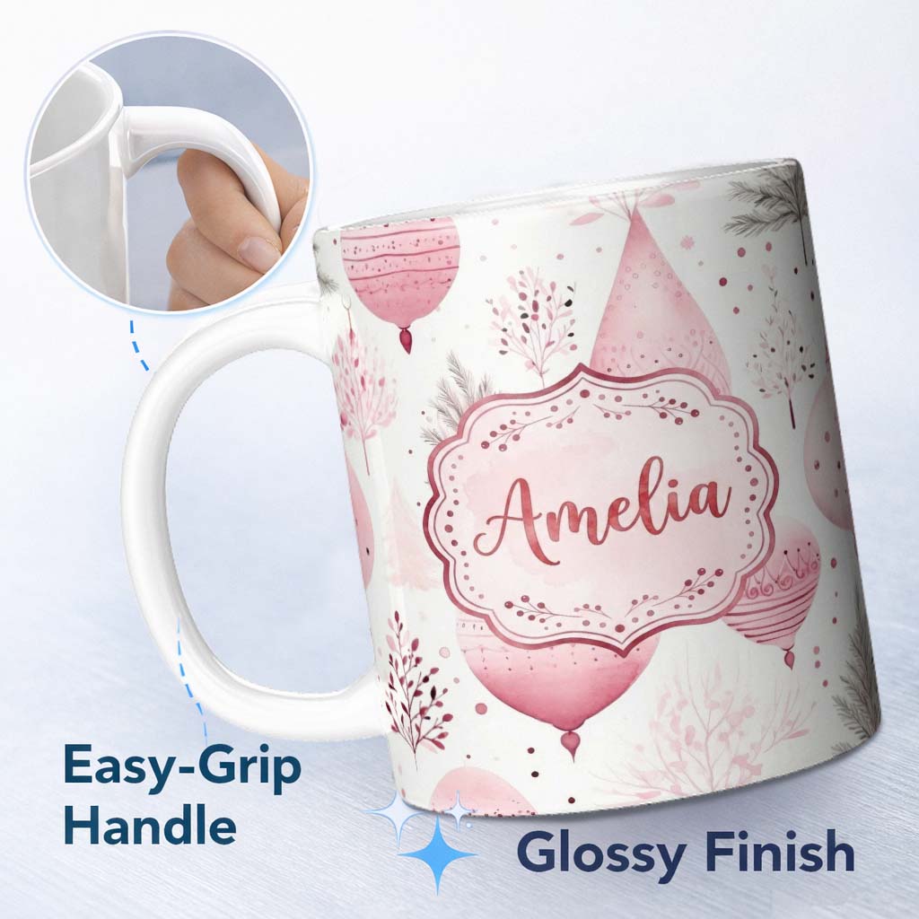 Personalized Custom Name Soft Pink Christmas Baubles Botanical Seamless Pattern Lovely 11oz Ceramic Coffee Tea Mug White Large Handle