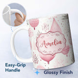 Personalized Custom Name Soft Pink Christmas Baubles Botanical Seamless Pattern Lovely 11oz Ceramic Coffee Tea Mug White Large Handle