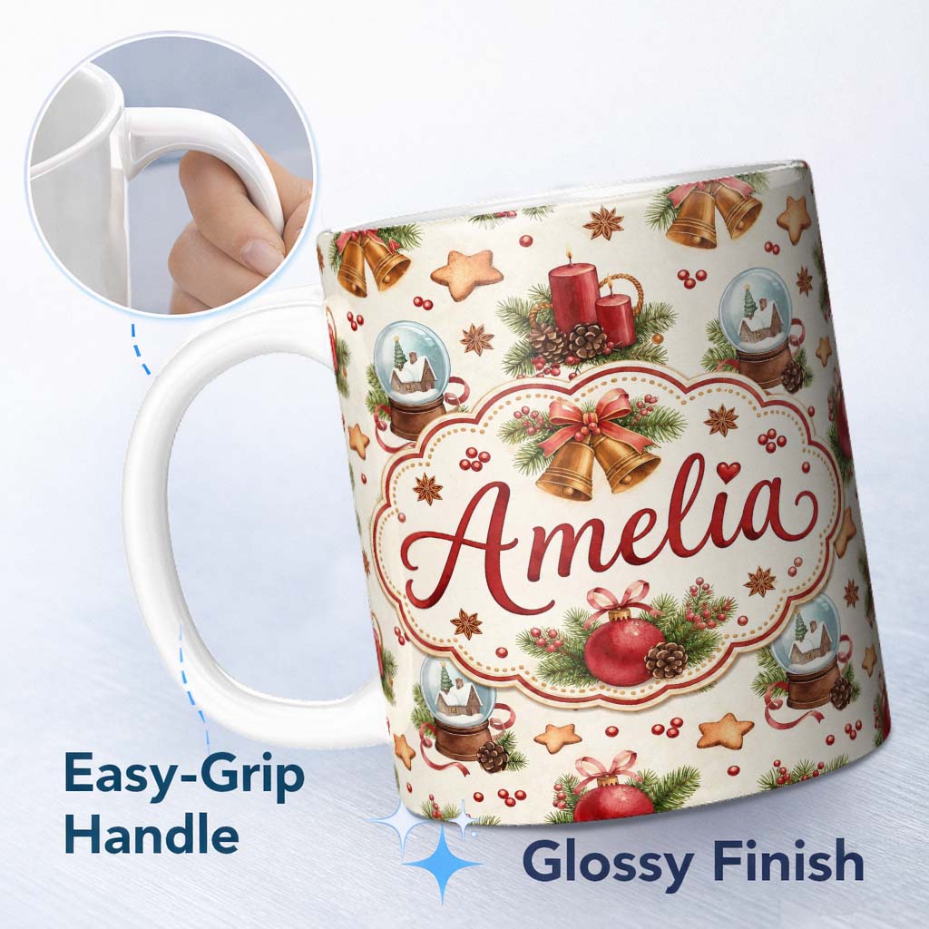 Personalized Custom Name Vintage Christmas Bells Candle Snow Globe Festive Seamless Pattern 11oz Ceramic Coffee Tea Mug White Large Handle